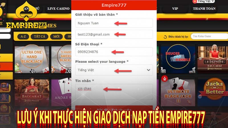 Lưu ý khi thực hiện giao dịch nạp tiền Empire777